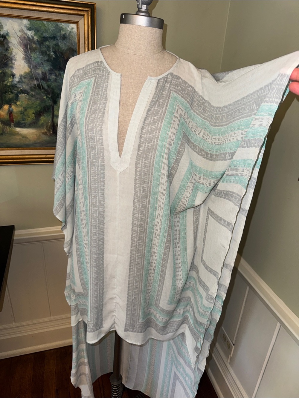 BCBG Cristen High Low Kaftan Dress XS S Blue Gray BCBGMAXAZRIA